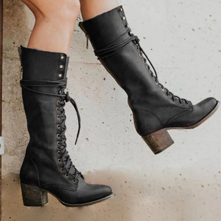 Women's Knee-High Lace-Up Boots with Block Heel
