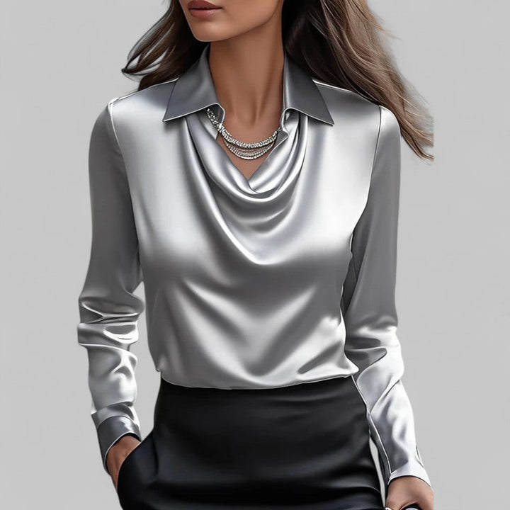 Women's Long Sleeve Satin Blouse with Draped Neck