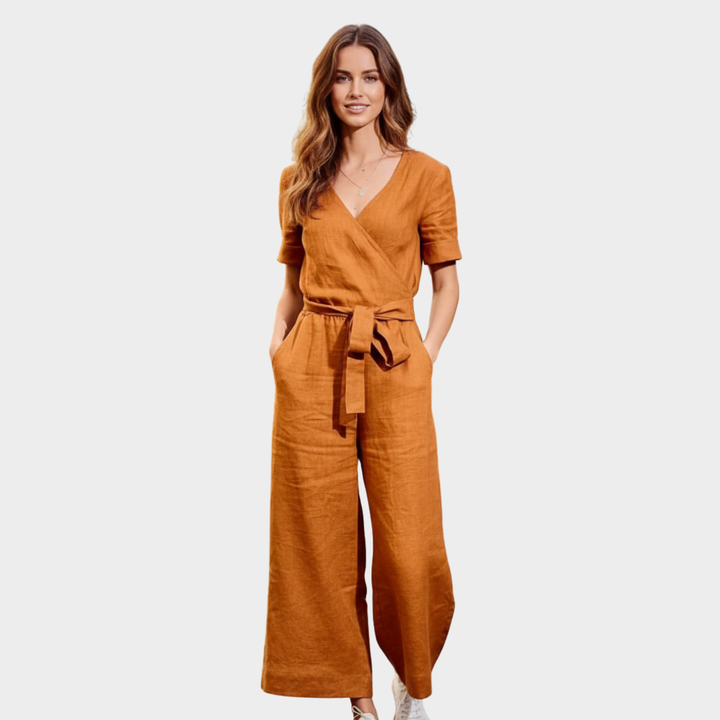 Women's Linen-Blend Wide-Leg Wrap Jumpsuit