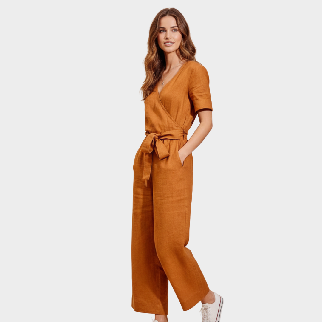 Women's Linen-Blend Wide-Leg Wrap Jumpsuit