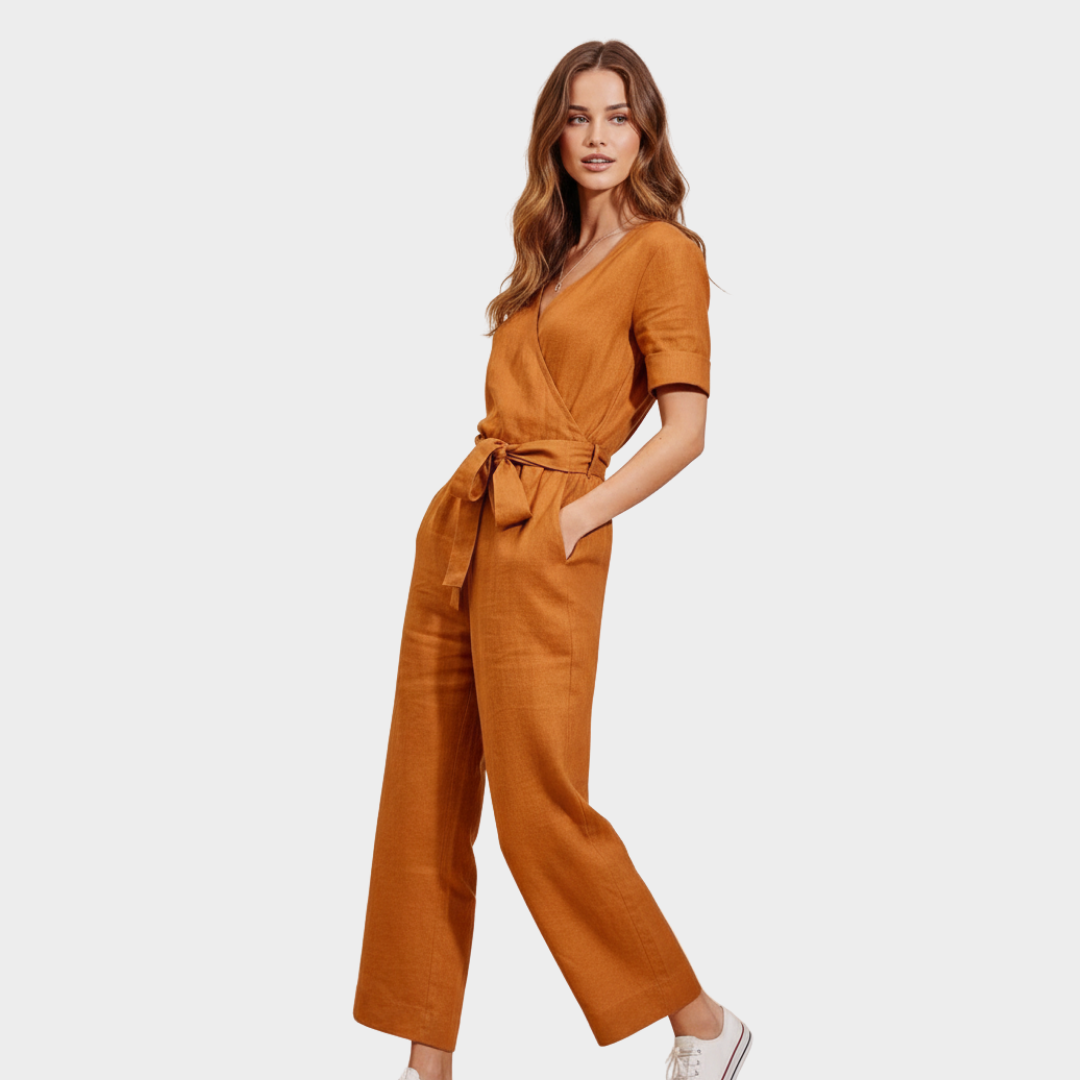 Women's Linen-Blend Wide-Leg Wrap Jumpsuit