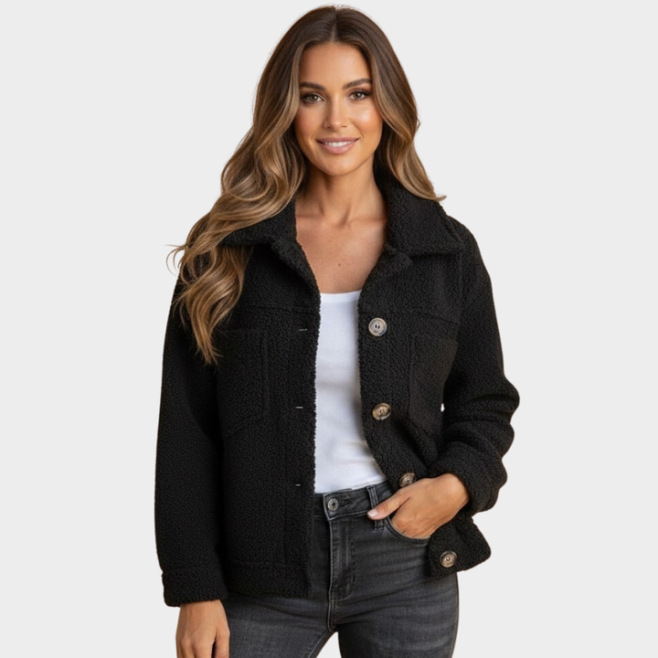 Women's Black Fleece Button Jacket