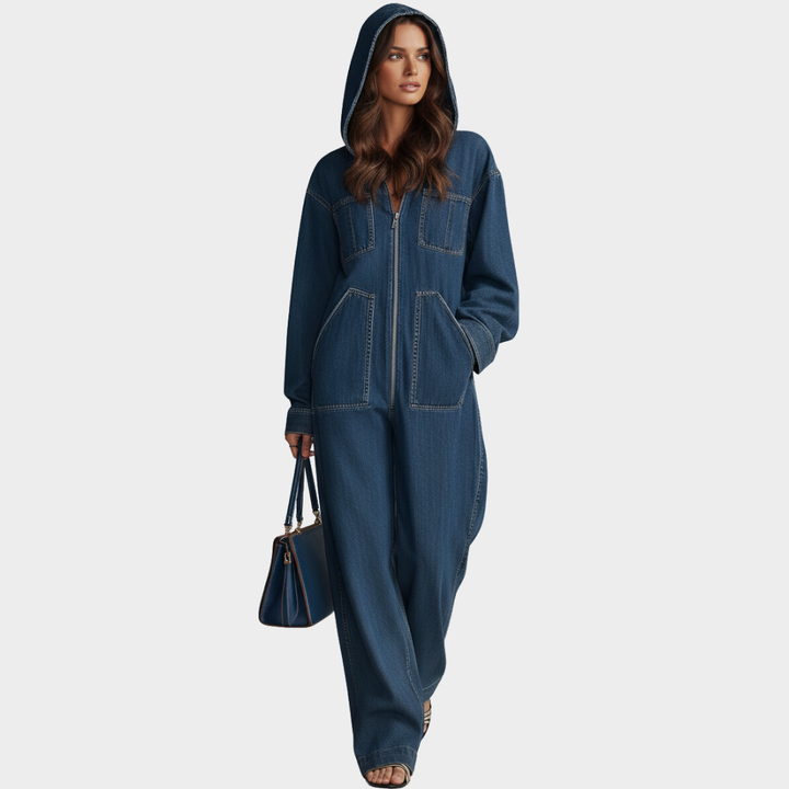 Women’s Hooded Denim Full-Zip Jumpsuit