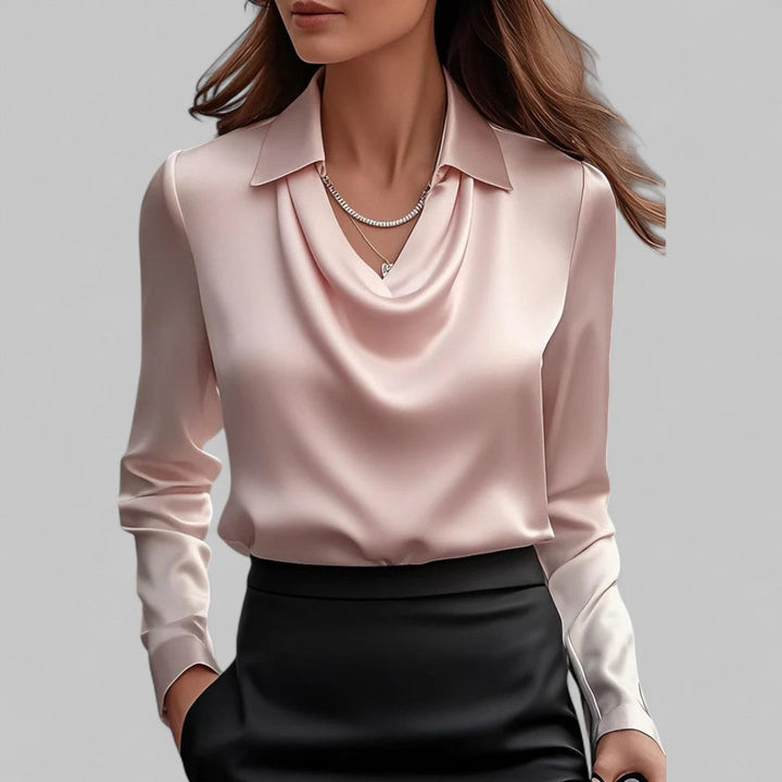 Women's Long Sleeve Satin Blouse with Draped Neck
