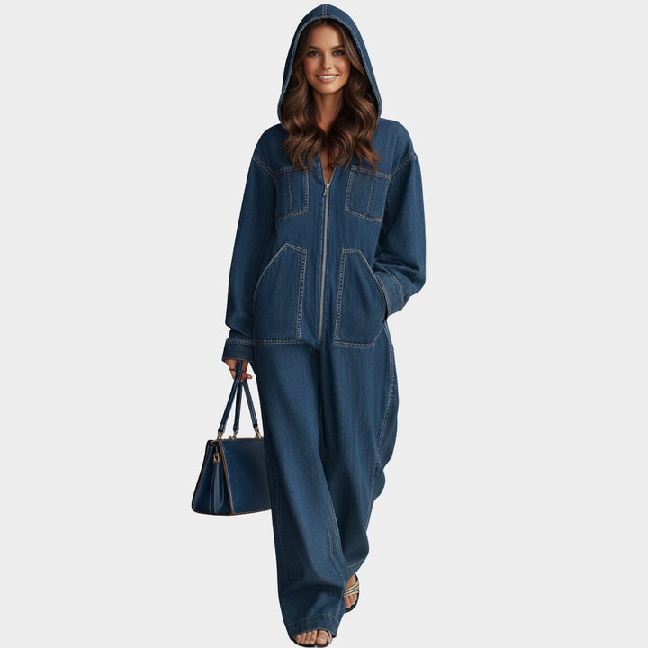 Women’s Hooded Denim Full-Zip Jumpsuit