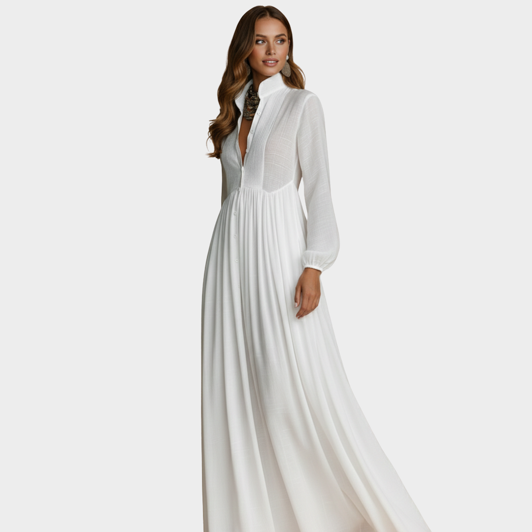 Maxi Dress White Chiffon Long Sleeve Button Front