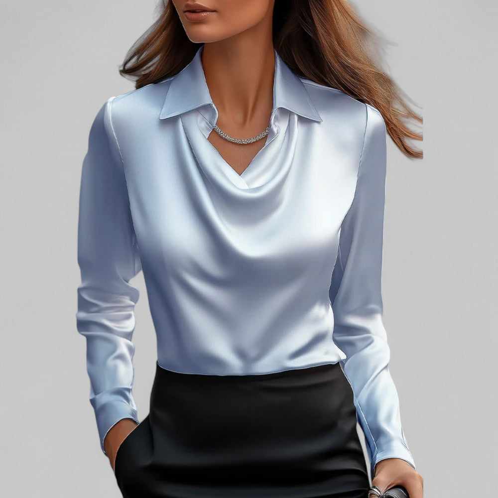 Women's Long Sleeve Satin Blouse with Draped Neck