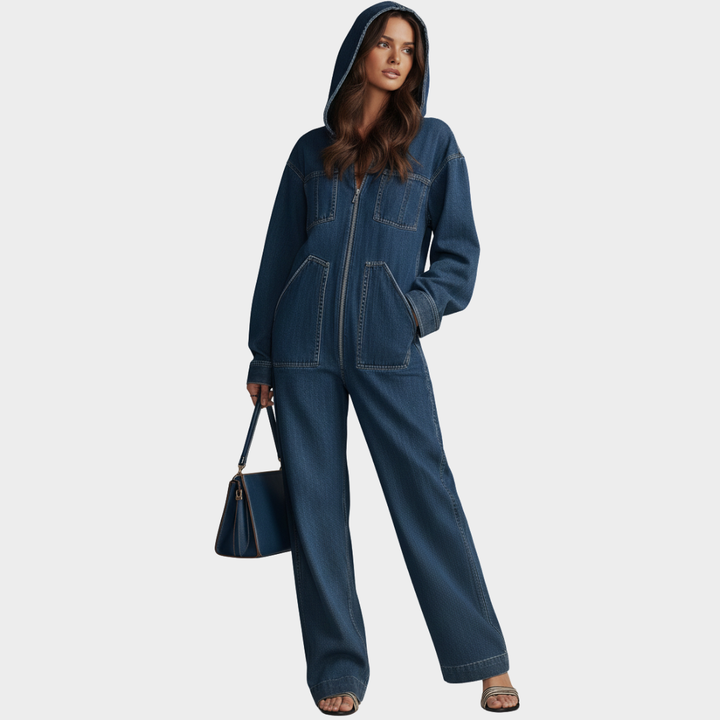 Women’s Hooded Denim Full-Zip Jumpsuit