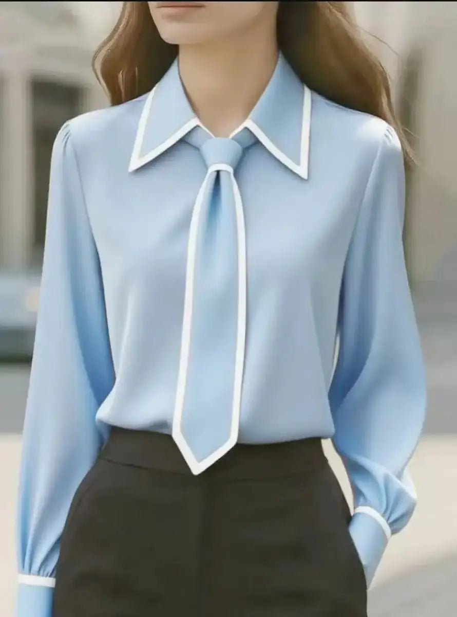 tie blouse contrast trim long sleeve women