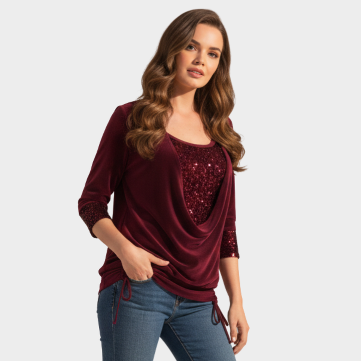 Women’s Sequin Cowl Neck Long Sleeve Top Burgundy