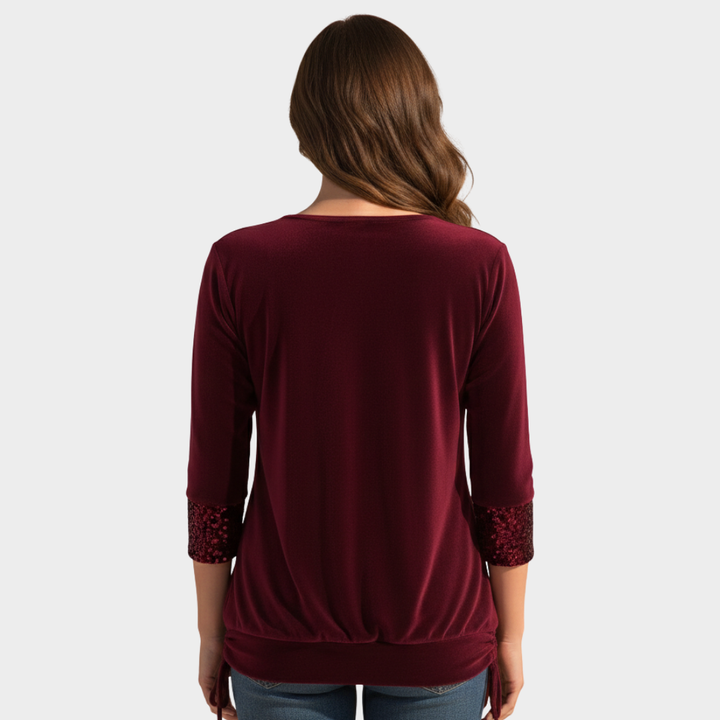 Women’s Sequin Cowl Neck Long Sleeve Top Burgundy