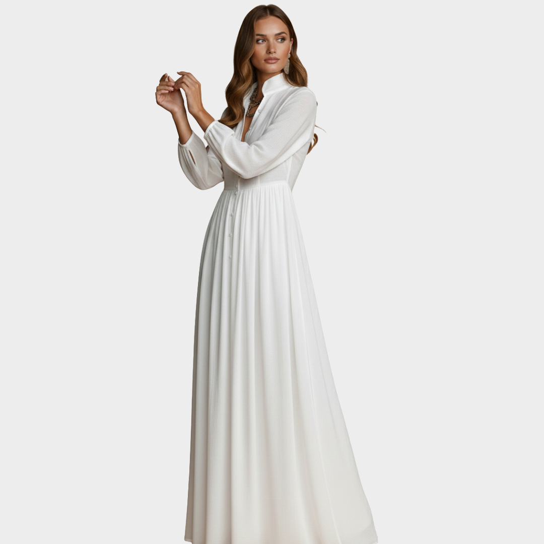 Maxi Dress White Chiffon Long Sleeve Button Front