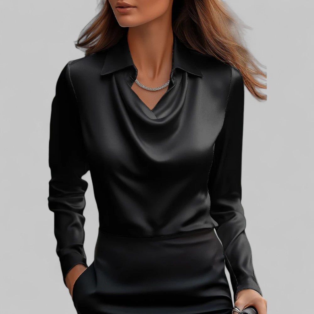 Women's Long Sleeve Satin Blouse with Draped Neck