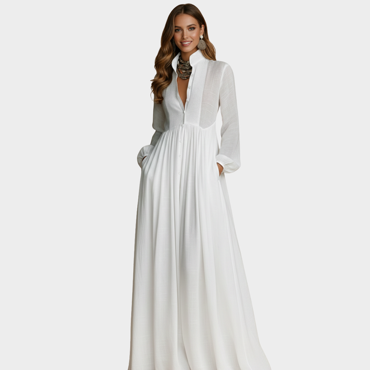 Maxi Dress White Chiffon Long Sleeve Button Front