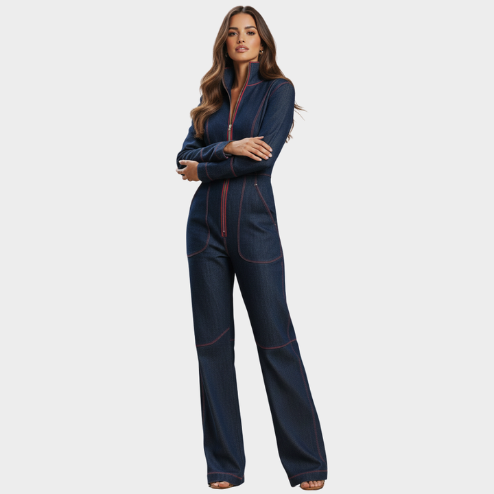 Women's Denim Zip-Front Wide-Leg Jumpsuit