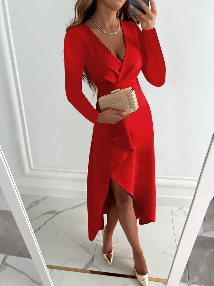 V-Neck Sheath Midi Dress for Women with Slit Design