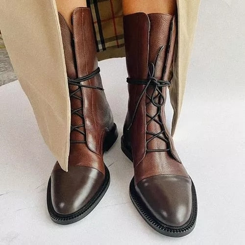 Women's Leather Ankle Boots with Lace-Up Design