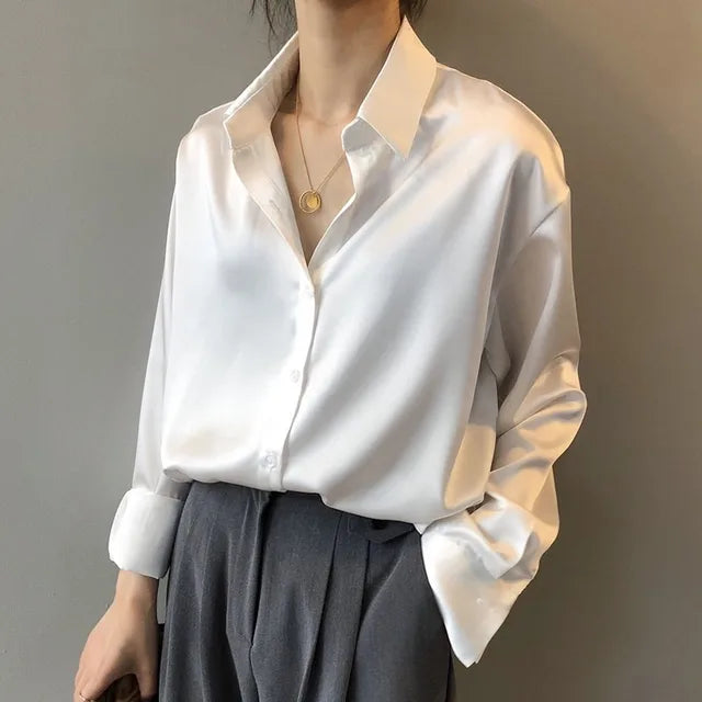 Women's Long Sleeve Satin Button Down Blouse