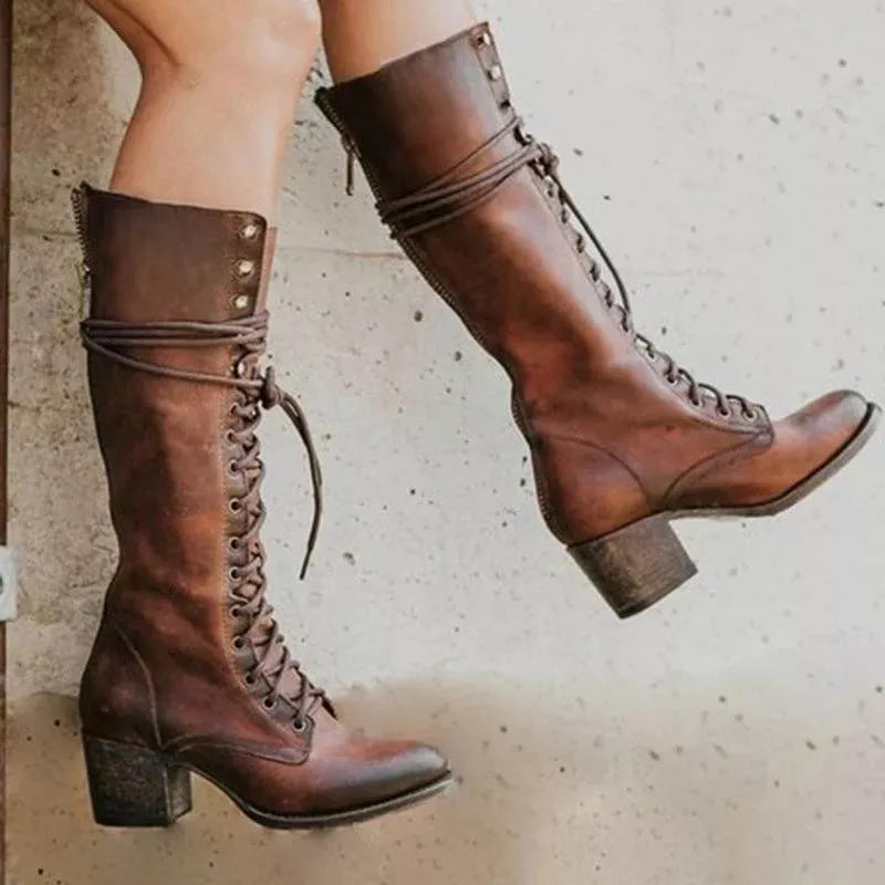 Women's Knee-High Lace-Up Boots with Block Heel
