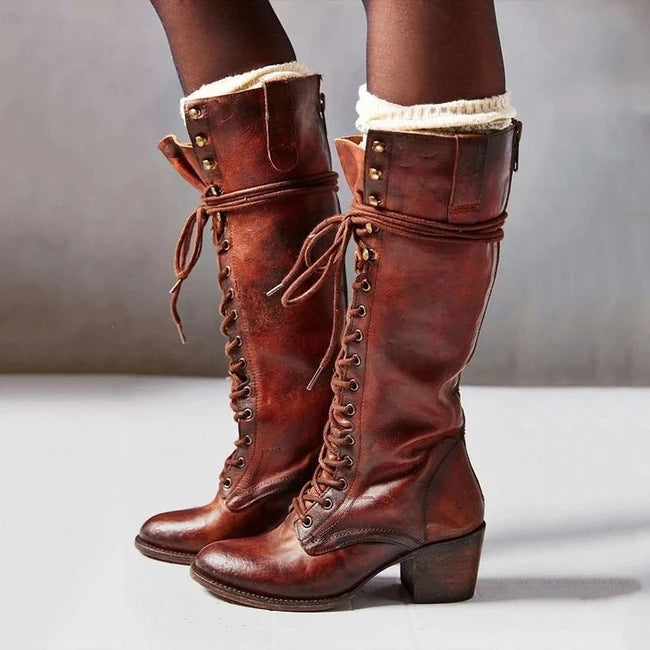 Women's Knee-High Lace-Up Boots with Block Heel