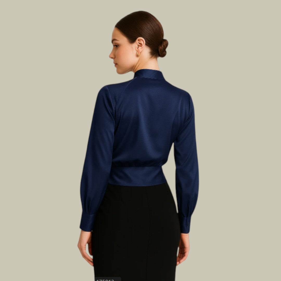 Women's Long Sleeve Satin Wrap Front Blouse