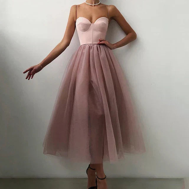 Women’s Strapless Tulle Midi Dress Fitted Bodice