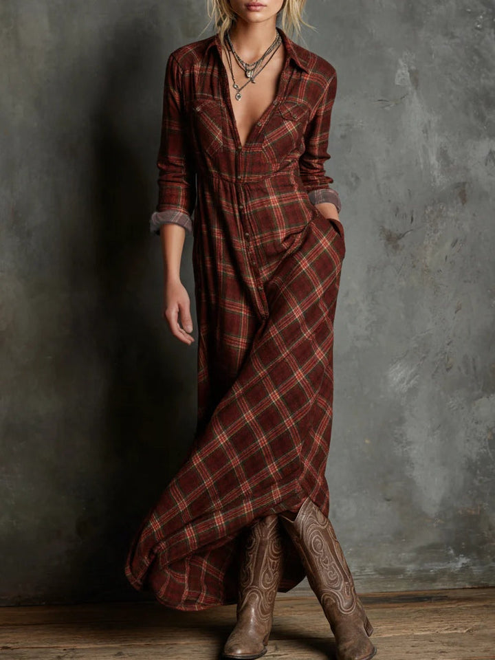 Women's Long Dress Green Plaid Lapel Single-Breasted Shirt