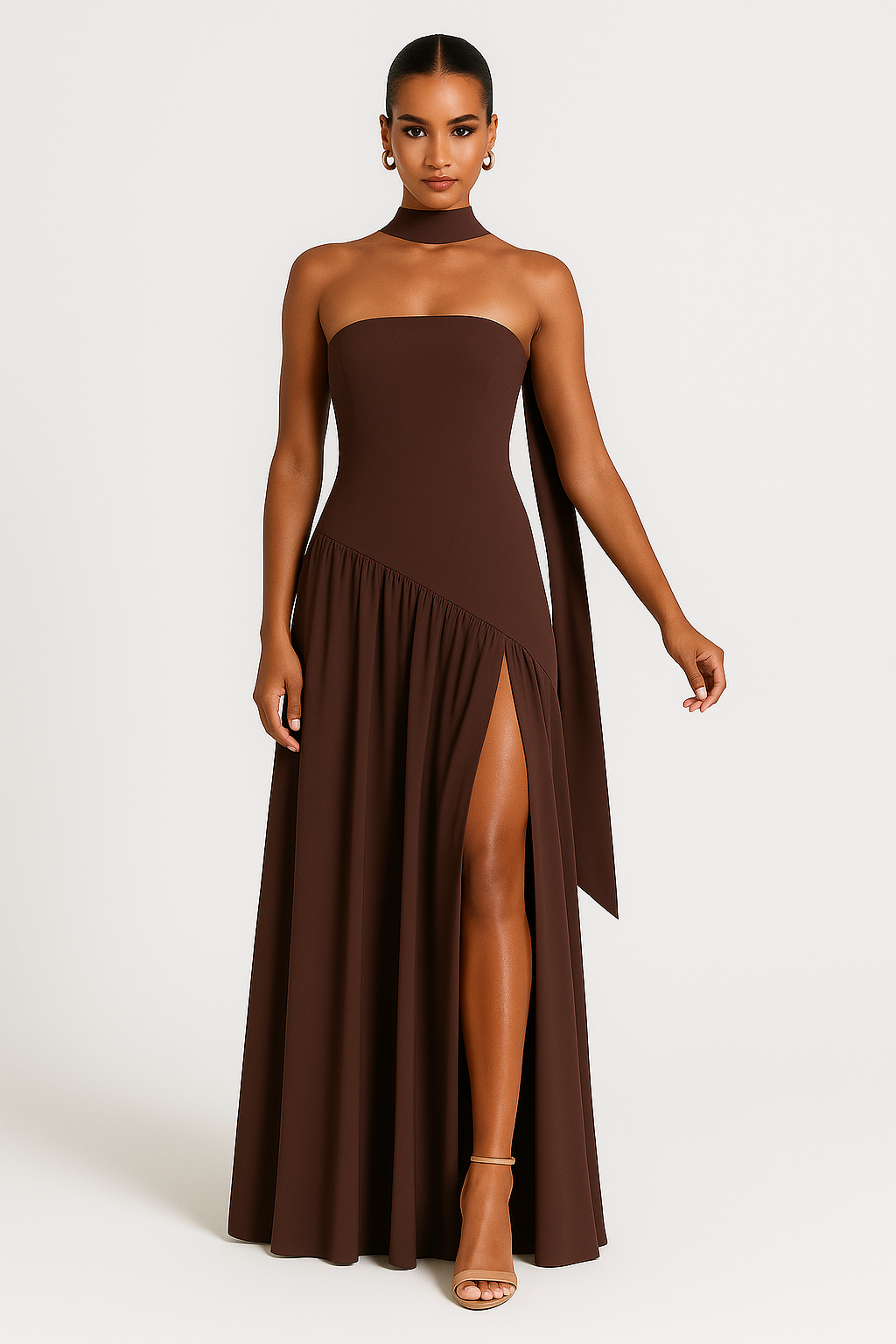 Women's Elegant Strapless Dress with High Slit