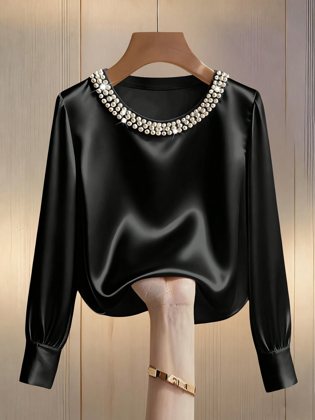 Women’s Satin Blouse Pearl Trim Long Sleeve