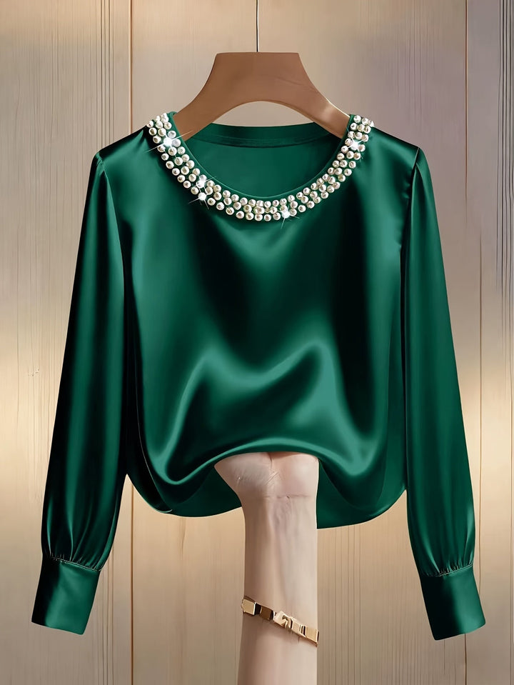 Women’s Satin Blouse Pearl Trim Long Sleeve