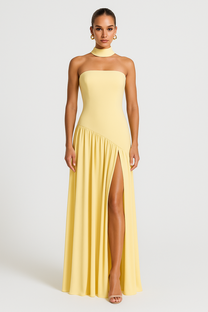 Women's Elegant Strapless Dress with High Slit